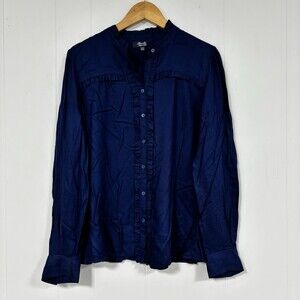 Bariloche Spain Navy Blue Ruffle Trim Button Up Blouse Long Sleeve ES 44